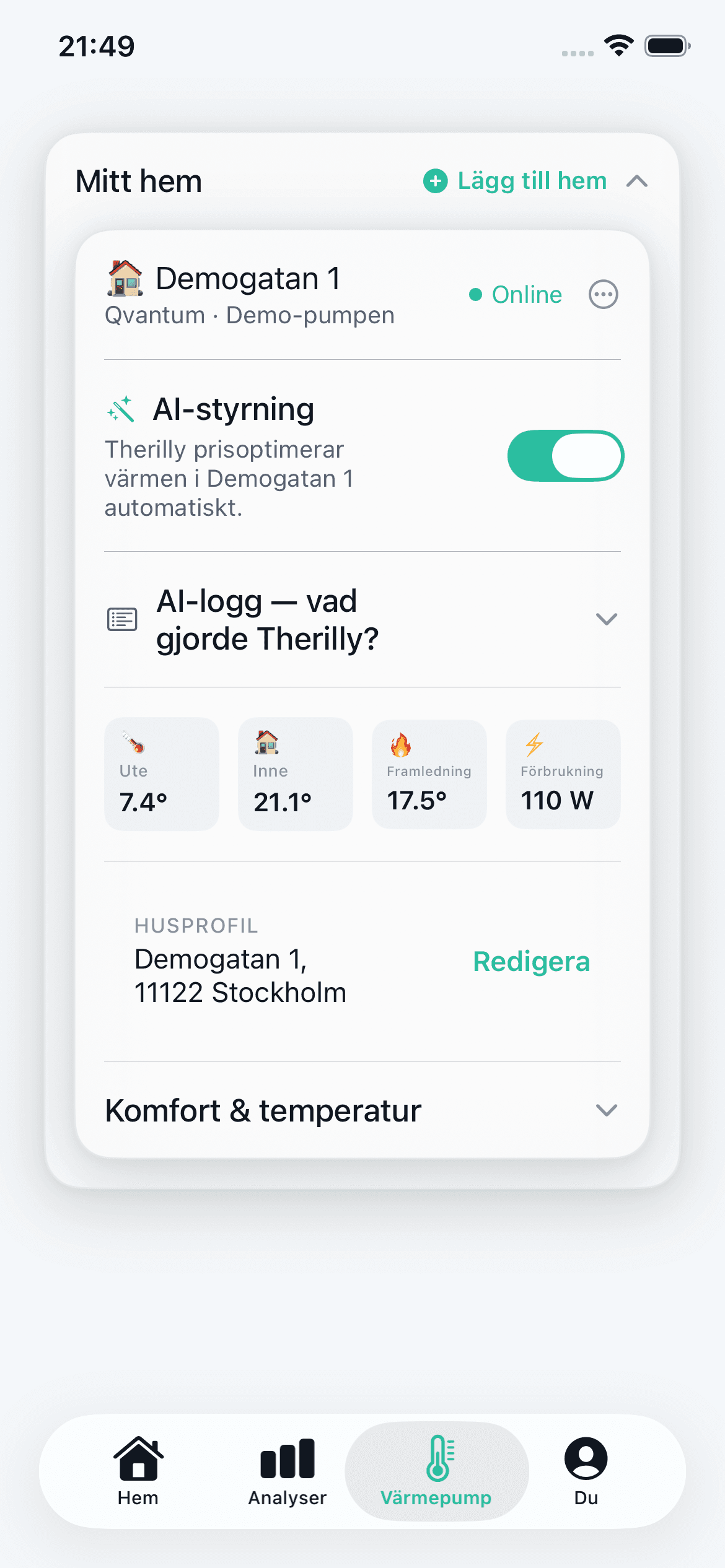 Therilly-appens värmepumpsvy med AI-styrning och livevärden